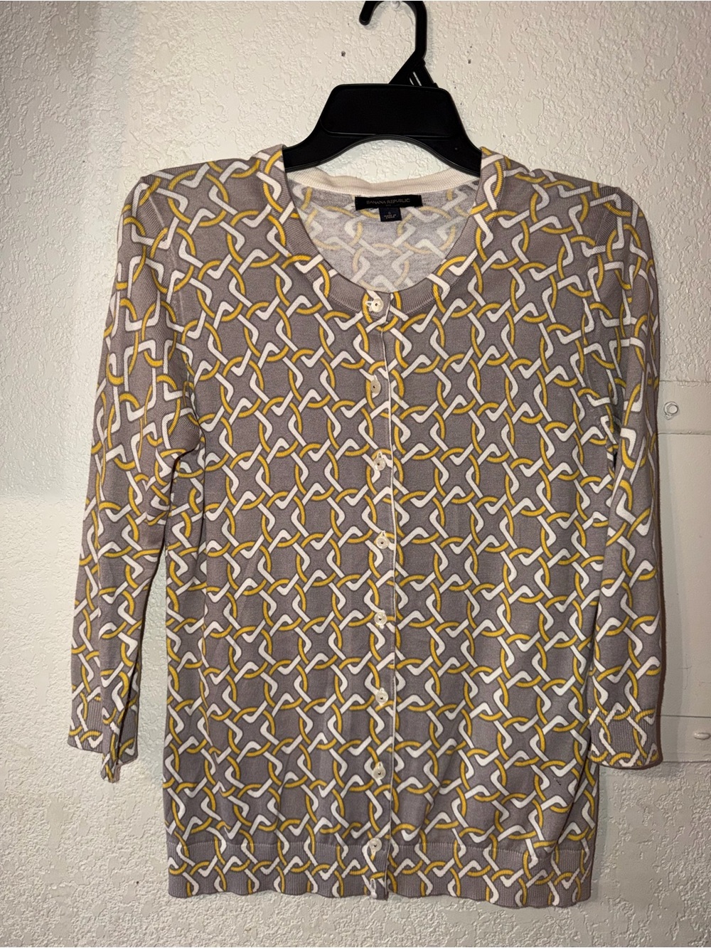 Banana Republic Taupe Cardigan with Yellow & White Geometric Print